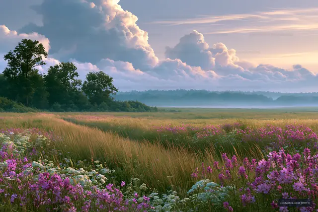 Sunrise over a field with flowers and clouds in the sky
