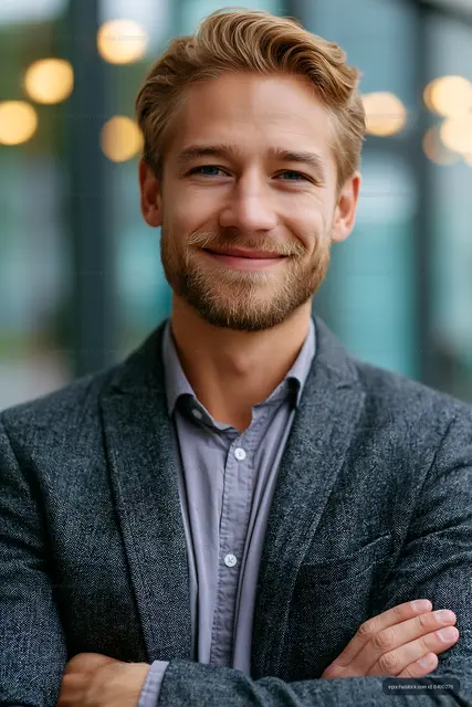 Smiling man in gray blazer stands outdoors with arms crossed