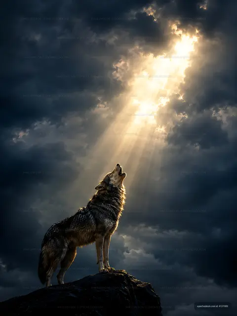 Wolf howling at bright light breaking through dark clouds