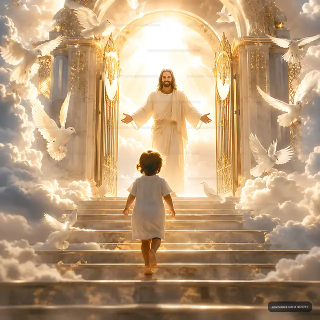 Child walking towards light and figure in a heavenly setting
