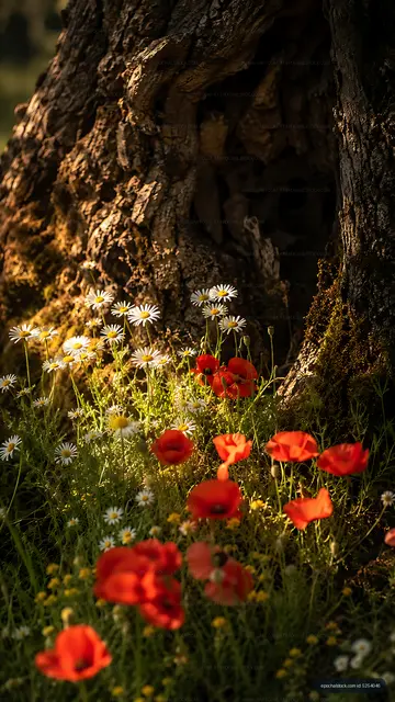 Wildflowers blooming near tree trunk in a sunny garden