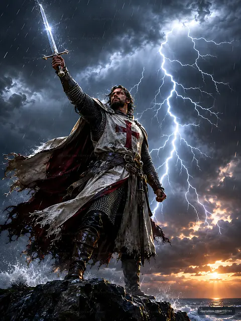 Knight standing on rocky shore with sword raised under stormy sky