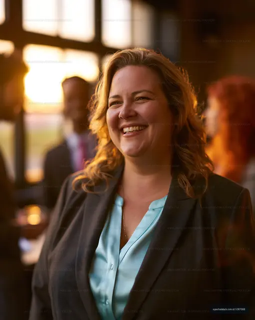 Woman smiling at a social gathering during sunset