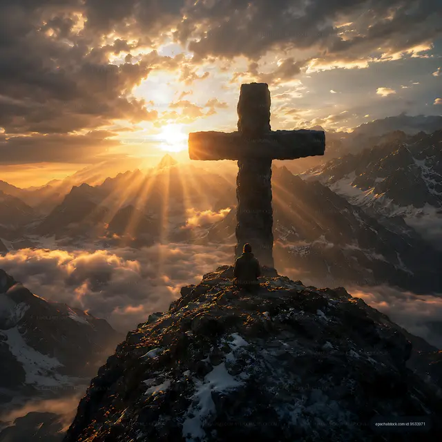 Sunset over mountains with a cross and a person sitting in reflection