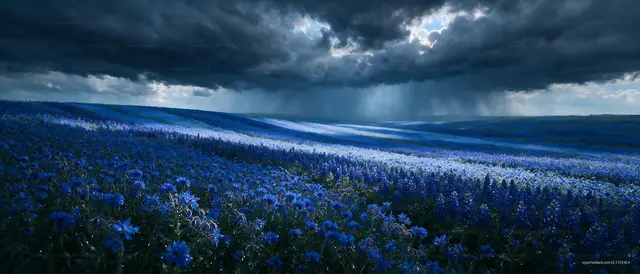 Blue flower field under dark clouds with rain