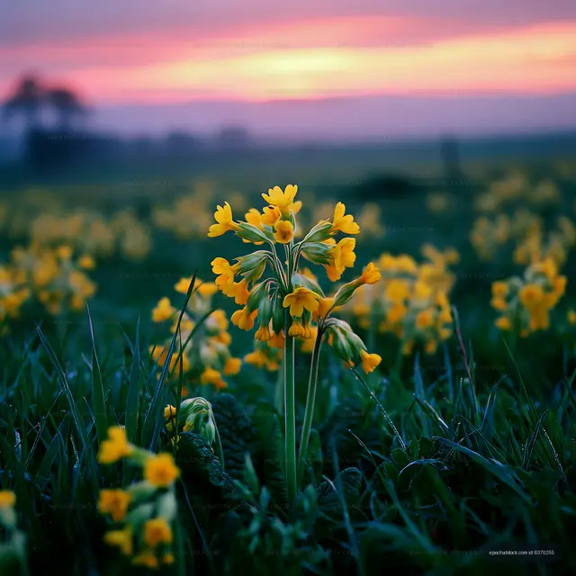 Yellow wildflowers bloom under a colorful sunset