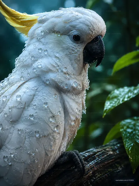 Cockatoo with water droplets on feathers in a rainforest setting