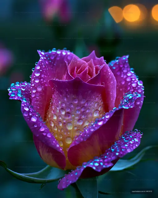 Bright pink rose with water droplets in a garden at dusk