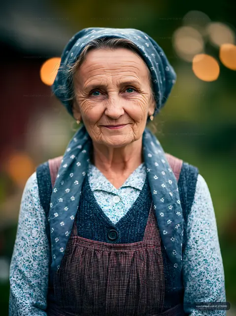 Elderly woman in traditional clothing with headscarf outdoors