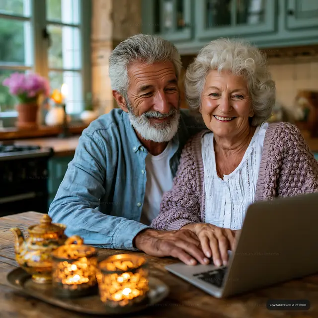 Elderly couple using a laptop at home with warm ambiance