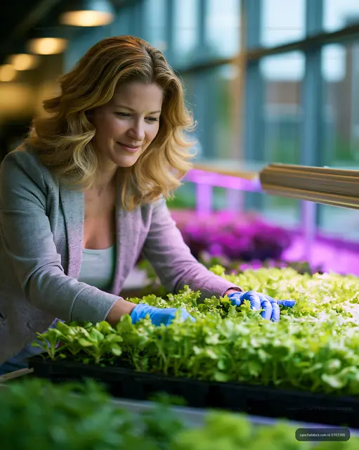 Woman caring for plants in a greenhouse with bright lights