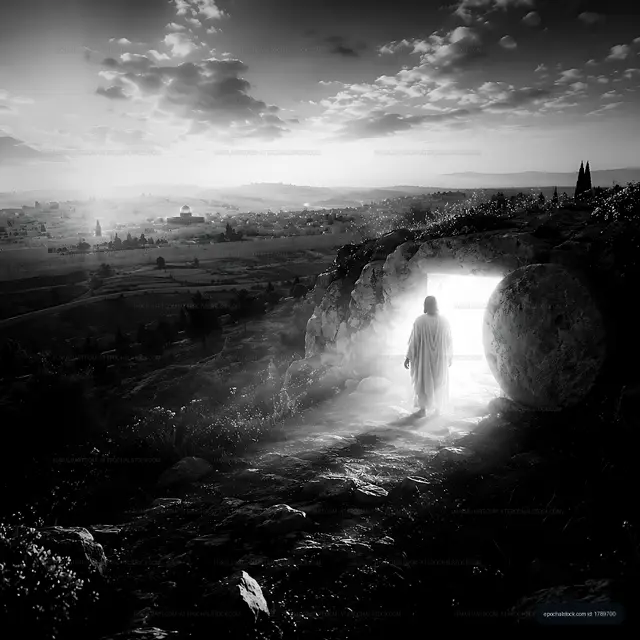 Figure exits a tomb under a cloudy sky at sunrise