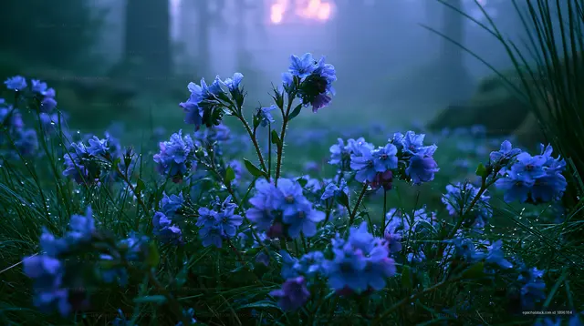Blue flowers in a misty forest during early morning