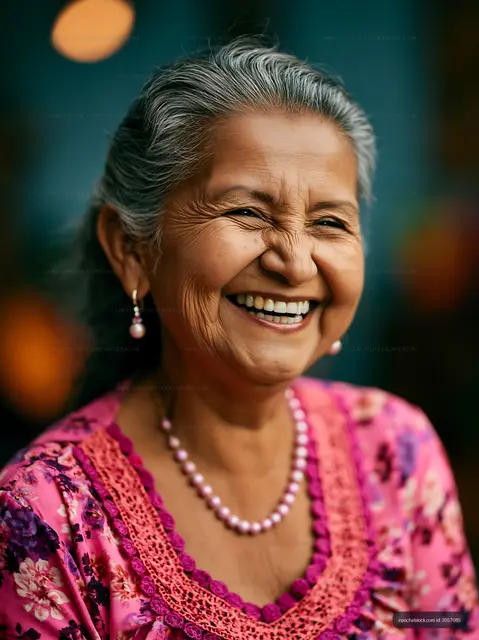 Smiling woman wears traditional clothing in outdoor setting