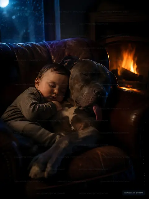 Baby sleeping on dog by fireplace in cozy living room