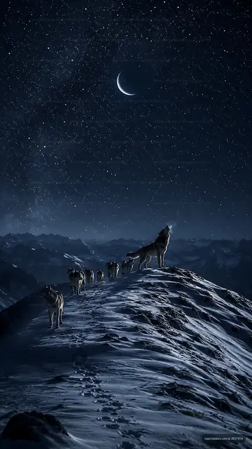 Wolves in a snowy landscape under a starry night sky