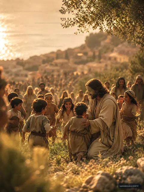 Jesus surrounded by children on a hillside by the sea