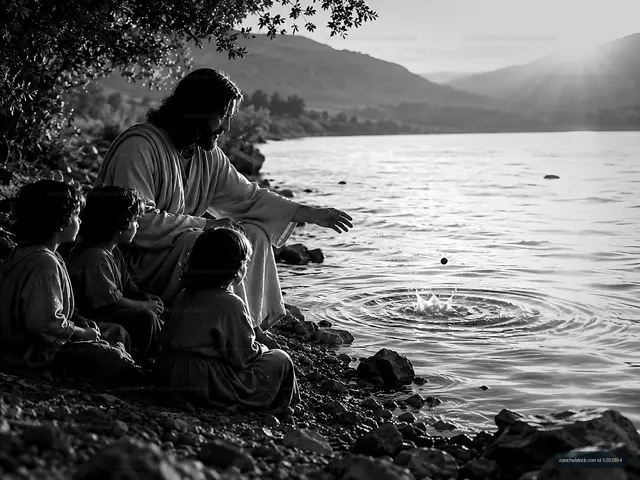 Man and children by water, throwing stones in evening light