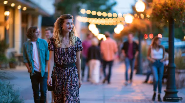 Evening stroll on a busy street with bright lights
