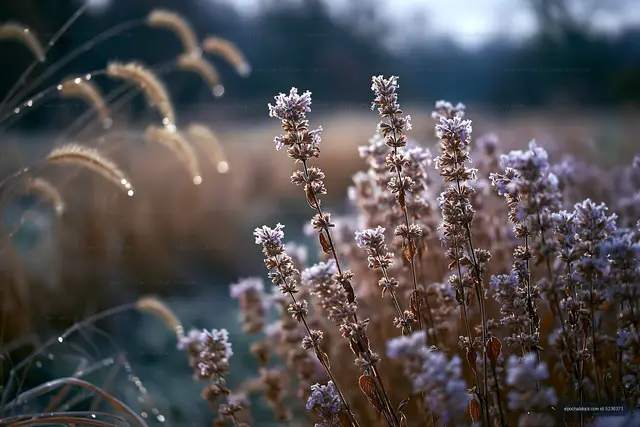 Dew on wildflowers in a field at dawn