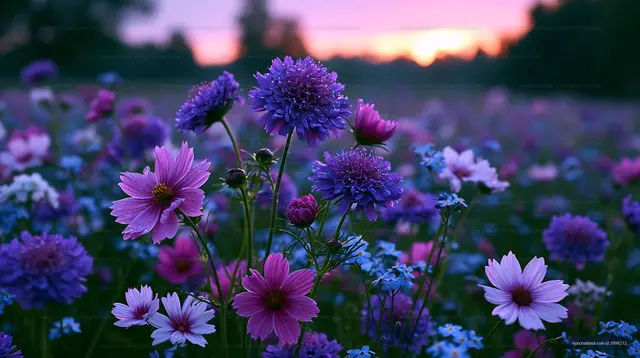 Colorful wildflowers blooming at sunset in a natural field