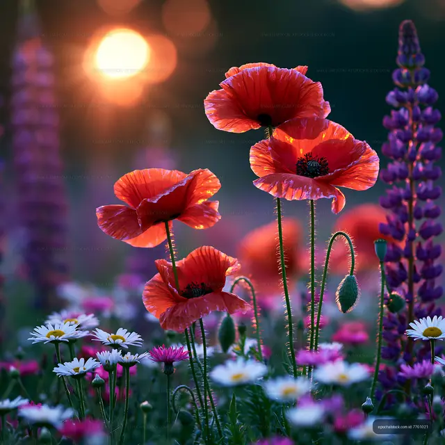 Vivid poppies and flowers blooming at sunset in a garden