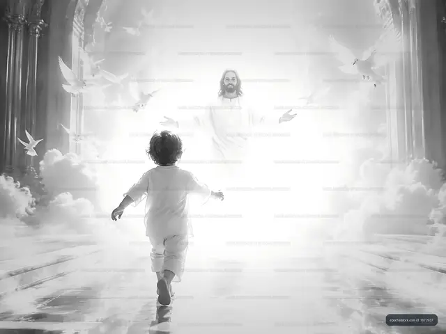 Child walking towards a spiritual figure in a bright space