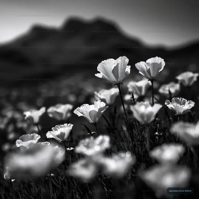 Flowers in black and white with mountains in the background