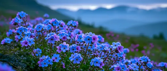 Vibrant flowers bloom in a mountain landscape at dusk