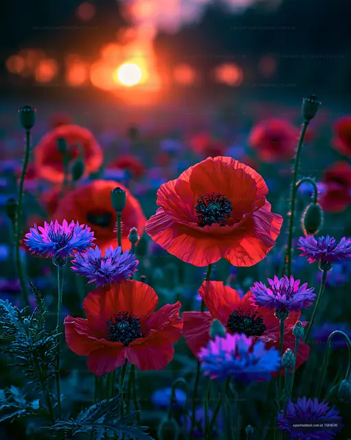 Vibrant wildflowers at sunset in a meadow