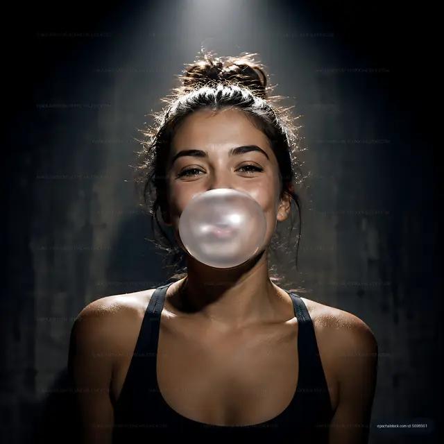 Woman blowing bubble gum in a dark indoor setting