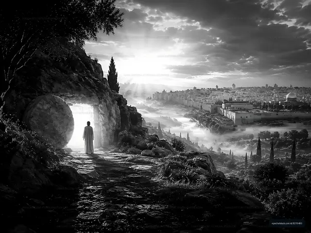 Man stands at an entrance of a cave looking at a city landscape