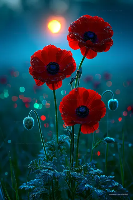 Red poppies in a field at sunrise with dew drops