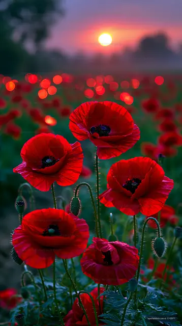 Red poppy flowers in a field at sunset