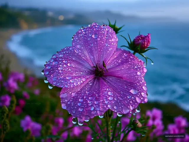 Morning dew on pink flower by the ocean shore