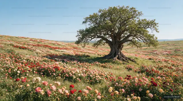 Blossoming flowers surround a large tree in a sunny field