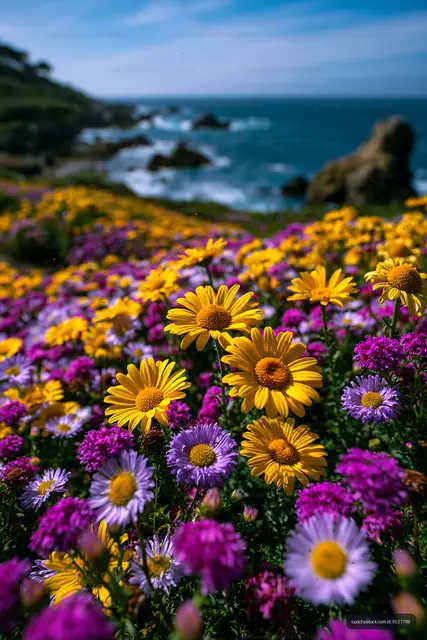 Colorful flowers by the sea with a blue sky in the background