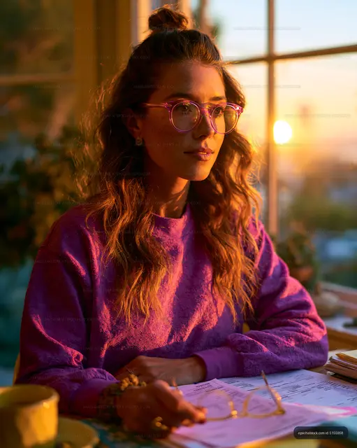 Woman working at a desk during sunset with glasses on