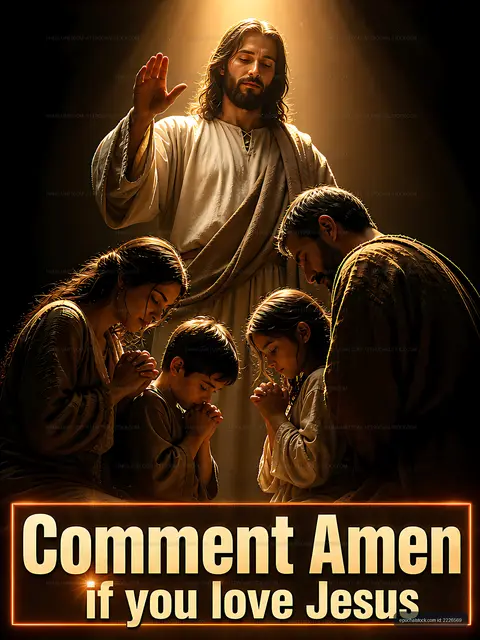 People praying together with a figure of Jesus in a spiritual scene