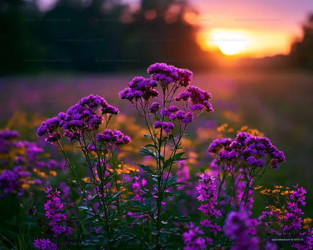 Colorful flowers in a field at sunset
