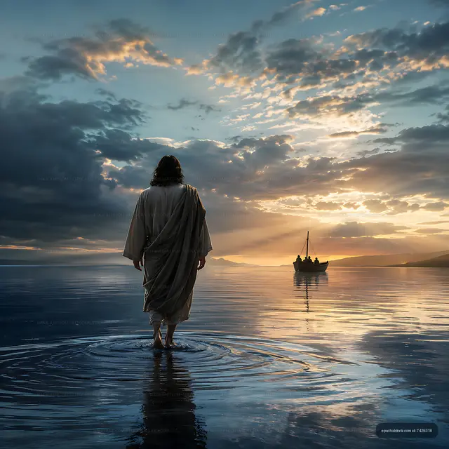 Man walking on water during sunset with a boat in background