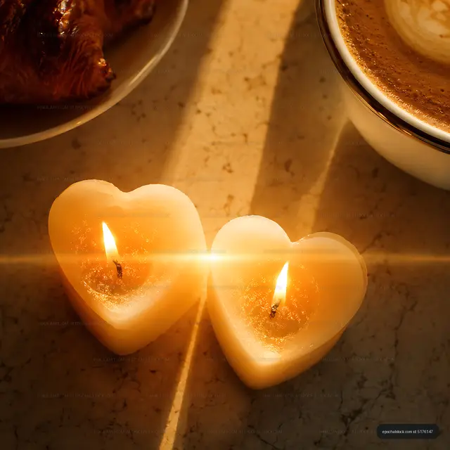 Heart-shaped candles with coffee and croissant on table