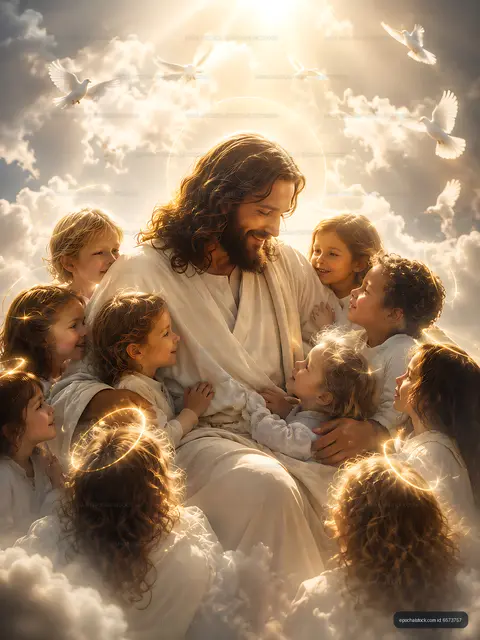 Children gathered around a figure in a cloudy, bright setting