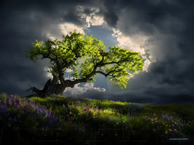 Bright green tree under dark clouds in a field
