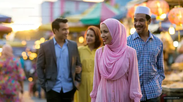 Sunset market stroll with friends in vibrant outdoor setting