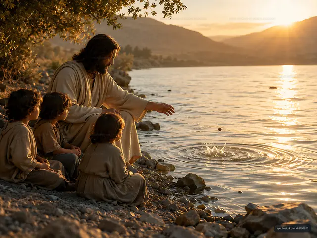 Jesus teaching children by the lakeside at sunset