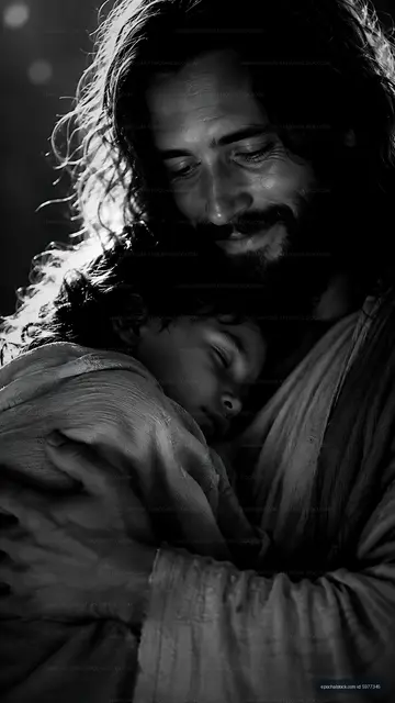 Father holding child in embrace in soft light