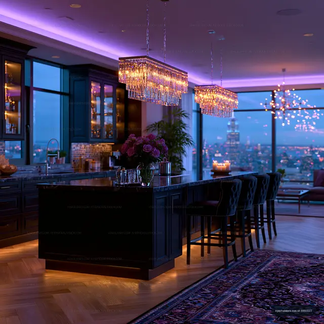 Modern kitchen with city view at dusk