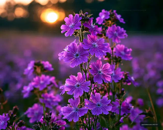 Purple flowers bloom in a field during sunset