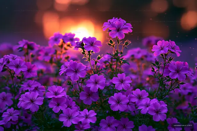Vivid purple flowers blooming at sunset in a garden